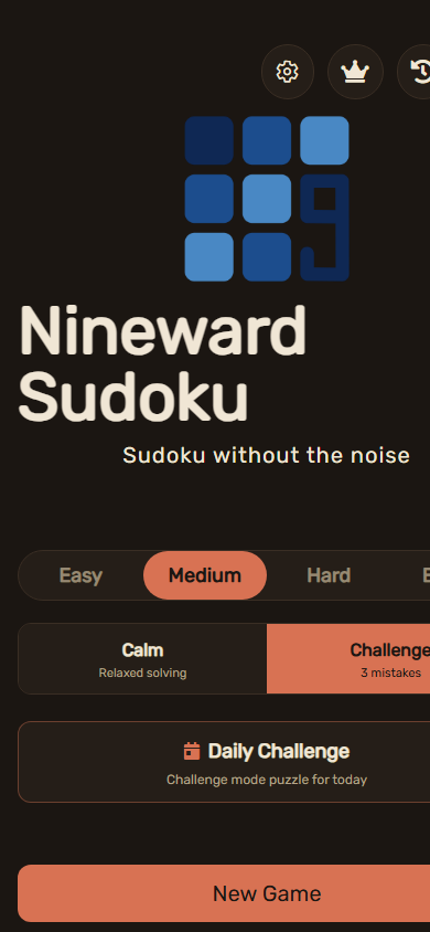 Nineward Sudoku app screen