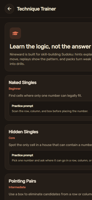 Nineward Sudoku app screen
